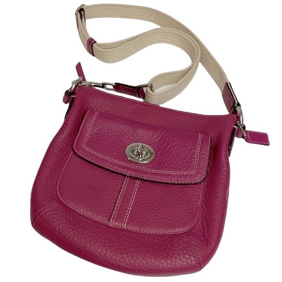 Coach Crossbody Pink Leather Bag With Cotton Woven Canvas Strap A27 - Picture 1 of 12